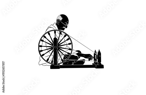Mahatma Gandhi at Spinning Wheel Silhouette, Peaceful Resistance Vector Sticker, Historical Social Justice and Heritage Icon