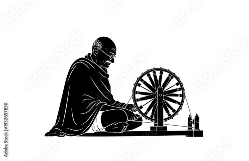 Mahatma Gandhi at Spinning Wheel Silhouette, Peaceful Resistance Vector Sticker, Historical Social Justice and Heritage Icon
