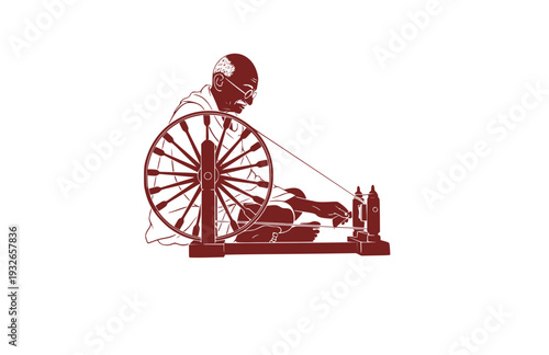Mahatma Gandhi at Spinning Wheel Silhouette, Peaceful Resistance Vector Sticker, Historical Social Justice and Heritage Icon