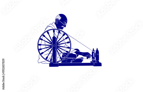 Mahatma Gandhi at Spinning Wheel Silhouette, Peaceful Resistance Vector Sticker, Historical Social Justice and Heritage Icon