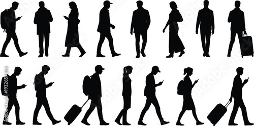 Silhouettes of people walking and using smartphones with luggage on white background Keywords: silhouette, people, walking