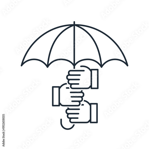 Three hands holding one umbrella. Collective protection, defense.Vector linear icon illustration isolated on white background.