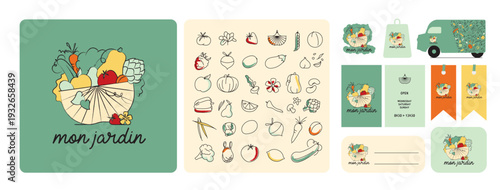 logo et éléments graphiques légumes et fruits, vente de fruits et légumes en direct, à la ferme, circuit court, local, marché, camion