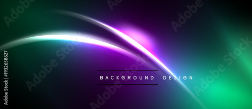 Abstract neon curves over dark background. Vibrant purple, green hues create dynamic visual effect. Modern design element.