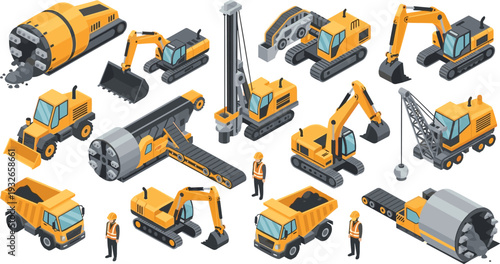 Isometric Heavy Machinery Vector Set with Excavators, Cranes, Dump Trucks, and Tunnel Boring Machines for Construction Site Planning, Engineering, and Industrial Project Illustrations