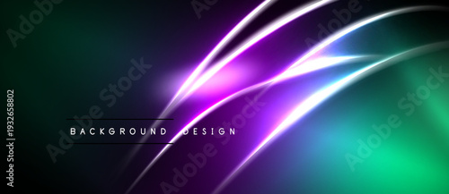 Abstract background features vibrant neon curves, gradients. Dark base contrasts bright magenta, teal hues. Modern design element.