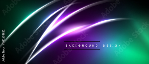 Abstract neon lines create dynamic gradient effect. Dark background emphasizes vibrant purple, teal hues. Modern design element.