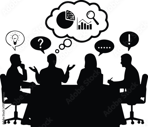 Business team meeting silhouette with speech bubbles and thought cloud containing data charts for professional brainstorming collaboration and creative strategy,