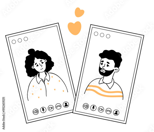 Dating Online Video Call. Romantic Couple Man and Woman Characters with Hearts. Outline Doodle, hand-drawn. Vector illustration