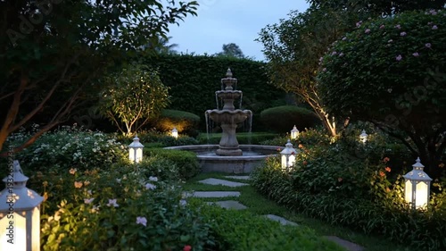 Serene Garden Pathway with Lanterns at Dusk.
