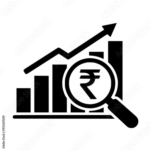 Bar chart with upward arrow and rupee magnifier