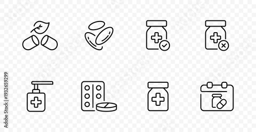 Medicine healthcare set icon. Natural pills, capsule dose, approved drug, rejected medicine, sanitizer pump, blister tablet, medical bottle, prescription calendar