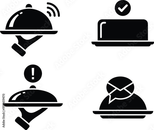 Smart Food Delivery and Catering Icon Set, Cloche Platter with Signal, Success, Alert, and Message Symbols for Restaurant Apps, Digital Waiter, and Online Order Tracking