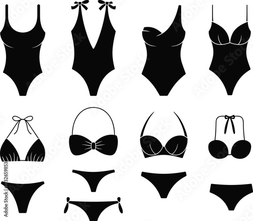 Black swimsuit silhouette collection set, woman swimwear fashion vector icons, summer beach bikini and one piece bathing suit design elements,