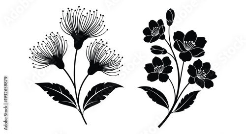 Elegant black and white vector graphic illustration featuring two contrasting stylized floral arrangements