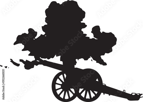 Historic cannon firing vector silhouette illustration with smoke plume and old wheeled artillery