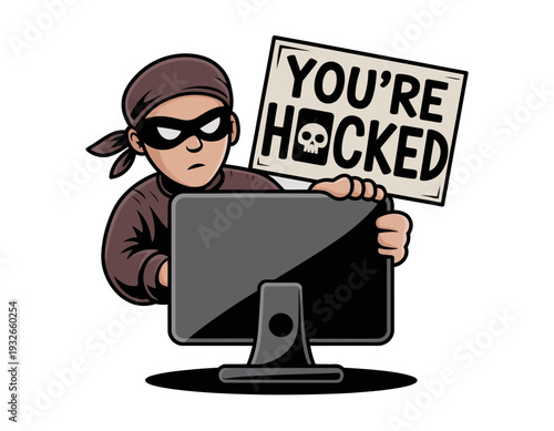 A cartoon hacker holding a sign that says You're Hacked in front of a computer monitor
