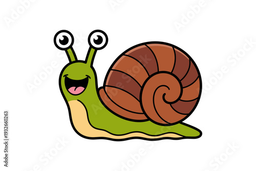 A cheerful cartoon snail with a big smile and expressive eyes on a white background
