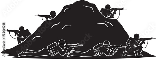 Soldiers taking cover behind mountain bunker battlefield combat attack vector silhouette