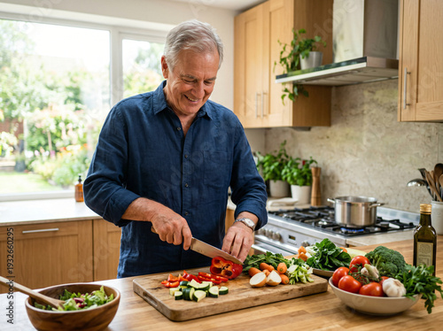 Senior Man Preparing Healthy Mediterranean Meal with Fresh Vegetables in Sunlit Kitchen