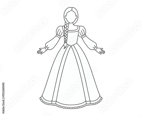 A minimalist line art illustration of a woman wearing a medieval style dress with puffy sleeves and a braid