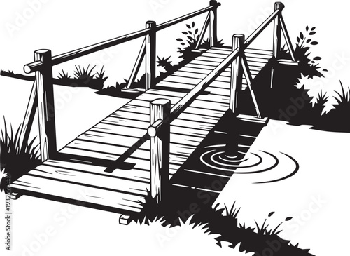Wooden footbridge over water with ripples and surrounding tall grass detailed line art