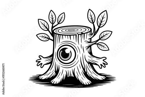 A black and white vector illustration of a tree stump with an eye and new leaves growing out of it