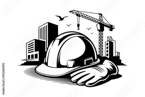 A black and white vector illustration of a hard hat and glove with a cityscape and crane in the background