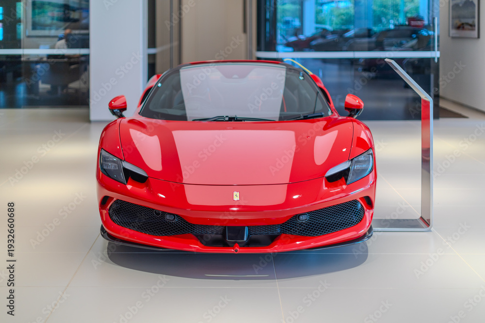 Fototapeta premium 2 March 2026 Italian Car beautiful Ferrari large mag wheels bright colours on show in Sydney NSW Australia