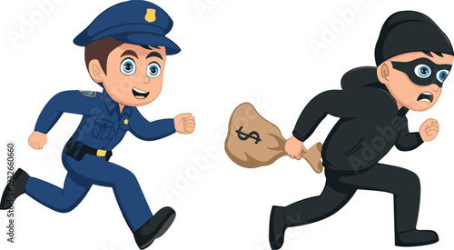 Cartoon police officer chasing a thief with a money bag isolated on white background for crime prevention and law enforcement,
