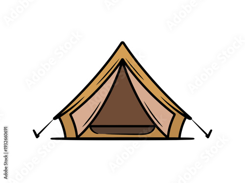 A minimalist illustration of a brown and beige tent with a triangular shape and open entrance.