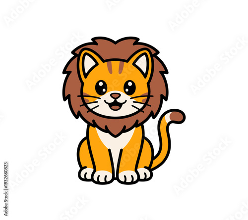 A cute cartoon lion with a big mane and a happy expression sits on a white background, looking friendly and approachable.