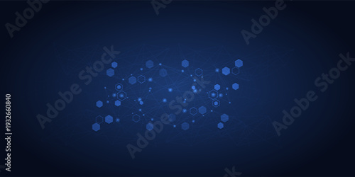 Stream of molecular structures and nano particles. High technology process. Science and neural network concept. Vector abstract background.