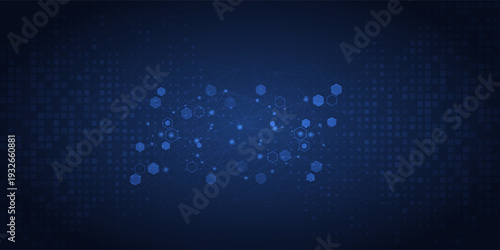 Stream of molecular structures and nano particles. High technology process. Science and neural network concept. Vector abstract background.