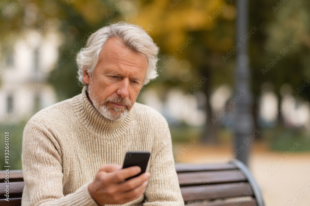 Obraz premium senior man in casual sweater sitting on park bench, anxious expression while looking at phone, autumn city park background softly blurred, natural outdoor lighting, candid composition