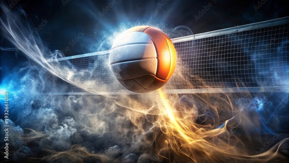 Fototapeta premium Dynamic Volleyball Action A Ball in Motion, Trailing Energetic Dust and Smoke, Soaring Over the Net