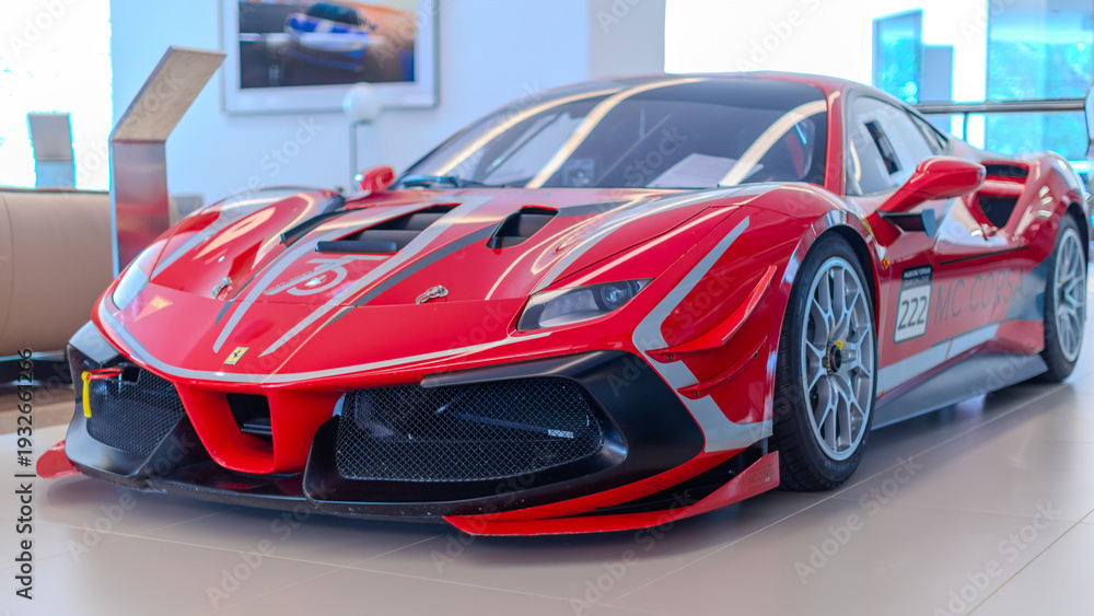 Obraz premium 2 March 2026 Italian Car beautiful Ferrari large mag wheels bright colours on show in Sydney NSW Australia