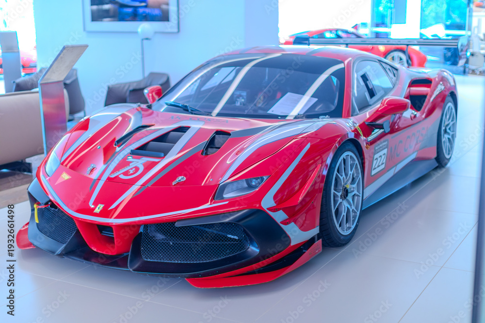 Obraz premium 2 March 2026 Italian Car beautiful Ferrari large mag wheels bright colours on show in Sydney NSW Australia