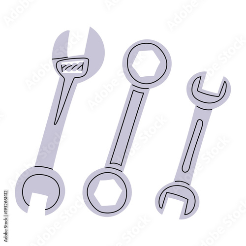 Set of different wrenches on white background. Flat contour illustration for repair service posters, mechanical maintenance banners, tool shop icons or construction work manuals