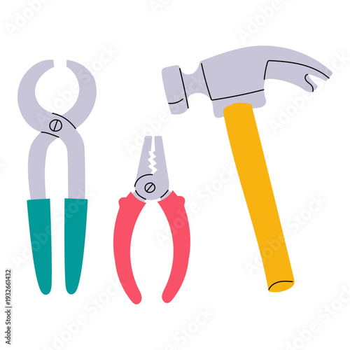 Set of hand tools with hammer and pliers on white background. Flat contour illustration for repair service posters, construction maintenance banners, tool shop icons or DIY work manuals