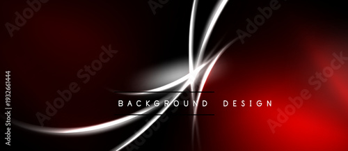 Abstract red black design features curved white lines. Dynamic composition creates modern visual impact. Background suggests energy, motion.