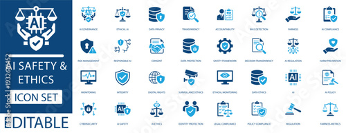 AI safety and ethics icon set featuring ethics, data privacy, compliance, and responsible technology symbols in a flat blue style. Editable vector.