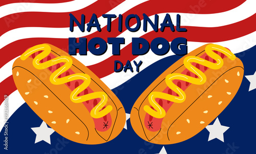 National Hot Dog Day horizontal banner with two hot dogs on USA flag background. Flat illustration for american food holiday posters, bbq party invitations or patriotic festival banners