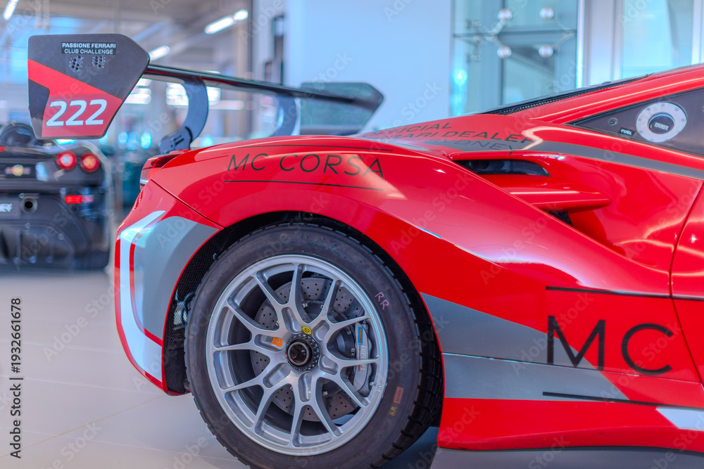 Obraz premium 2 March 2026 Italian Car beautiful Ferrari large mag wheels bright colours on show in Sydney NSW Australia