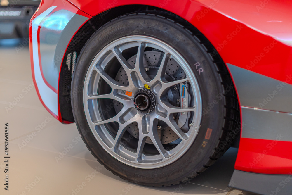Obraz premium 2 March 2026 Italian Car beautiful Ferrari large mag wheels bright colours on show in Sydney NSW Australia