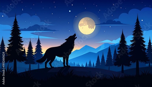 Wolf Howling at the Moon in a Forest Landscape.