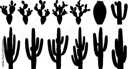 Desert Cactus Silhouette Set - Saguaro and Prickly Pear Botanical Vector