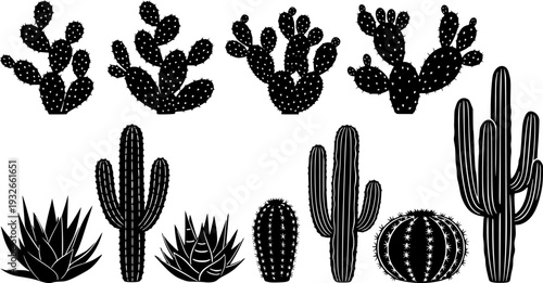 Desert Cactus Silhouette Set - Saguaro and Prickly Pear Botanical Vector