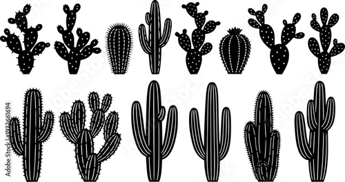 Desert Cactus Silhouette Set - Saguaro and Prickly Pear Botanical Vector