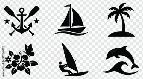 Collection of summer and nautical themed silhouette icons including an anchor and oars sailboat palm tree hibiscus flowers and butterfly windsurfer and dolphin jumping over a wave